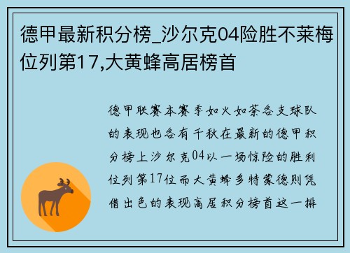 德甲最新积分榜_沙尔克04险胜不莱梅位列第17,大黄蜂高居榜首
