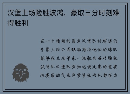 汉堡主场险胜波鸿，豪取三分时刻难得胜利
