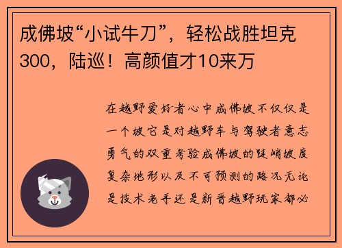 成佛坡“小试牛刀”，轻松战胜坦克300，陆巡！高颜值才10来万