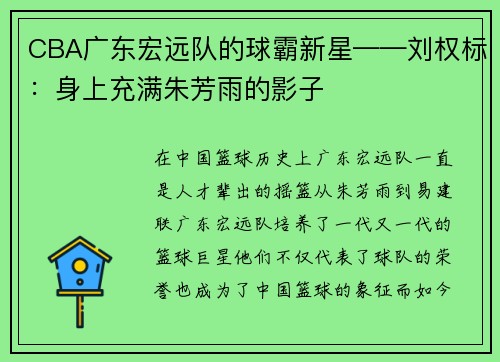 CBA广东宏远队的球霸新星——刘权标：身上充满朱芳雨的影子