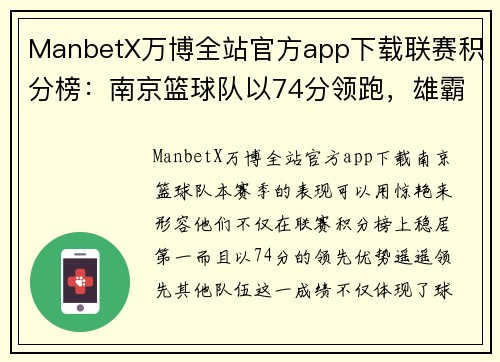 ManbetX万博全站官方app下载联赛积分榜：南京篮球队以74分领跑，雄霸赛场